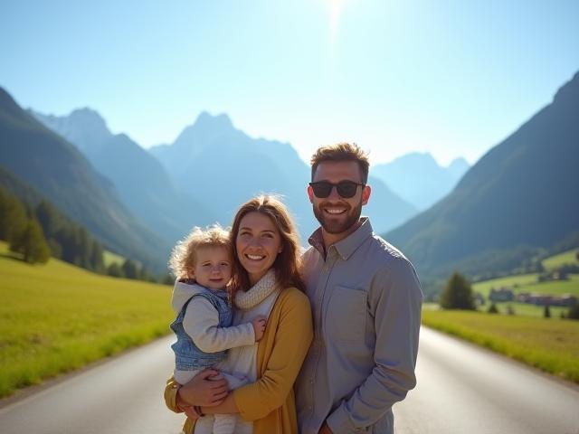 Happy Schneider family enjoying a scenic view on their Swiss road trip through the Alps