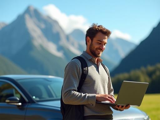 Happy driver using SwissRoadAccess service on a laptop with a Swiss scenic background
